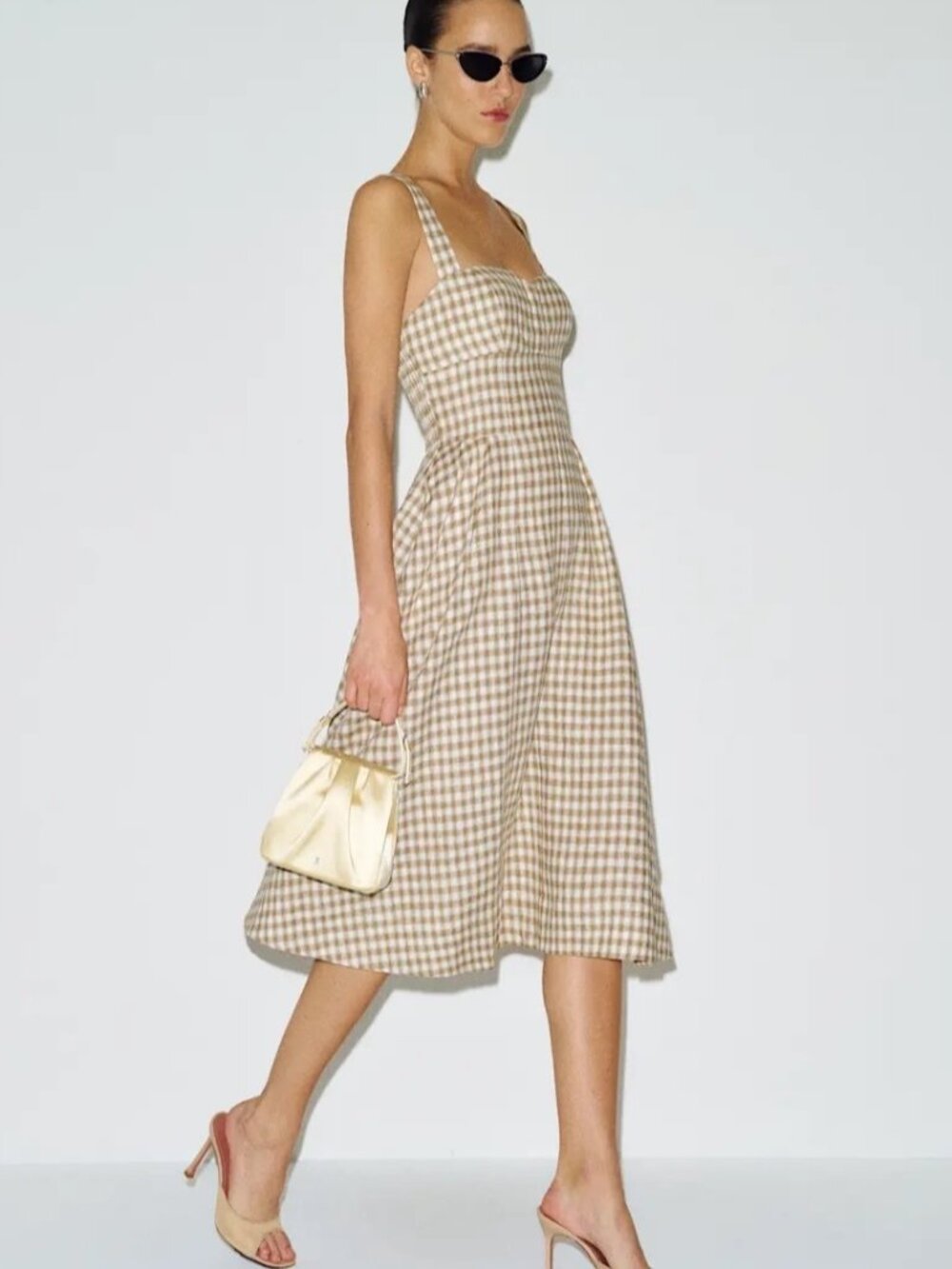 NEW Reformation Roma Midi Linen Dress Dunes Check Gingham Tan White | US 0 UK 4